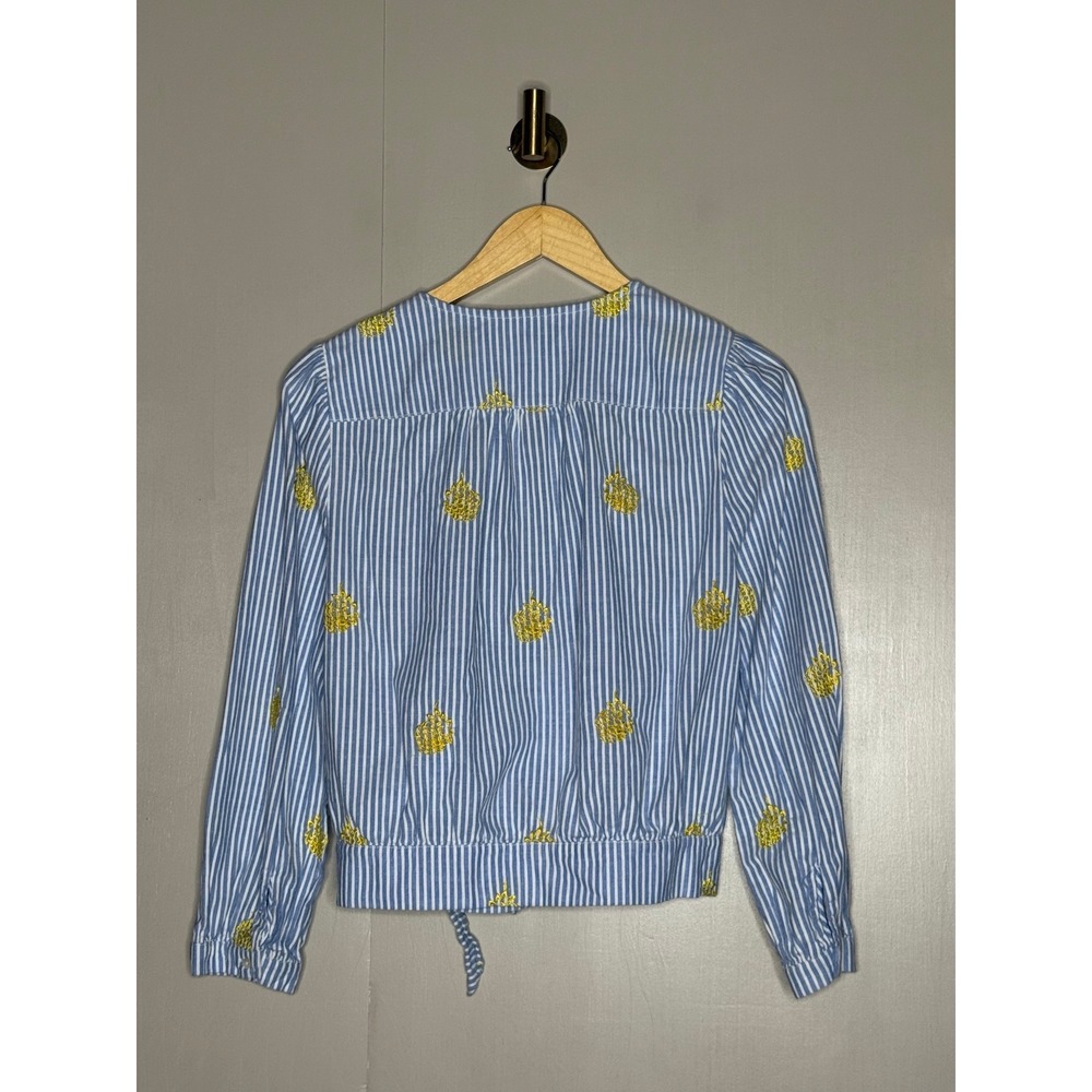 J.Crew Blue White Striped Pineapple Embroidered Wrap Tie Blouse Top Mens Medium - Picture 6 of 10